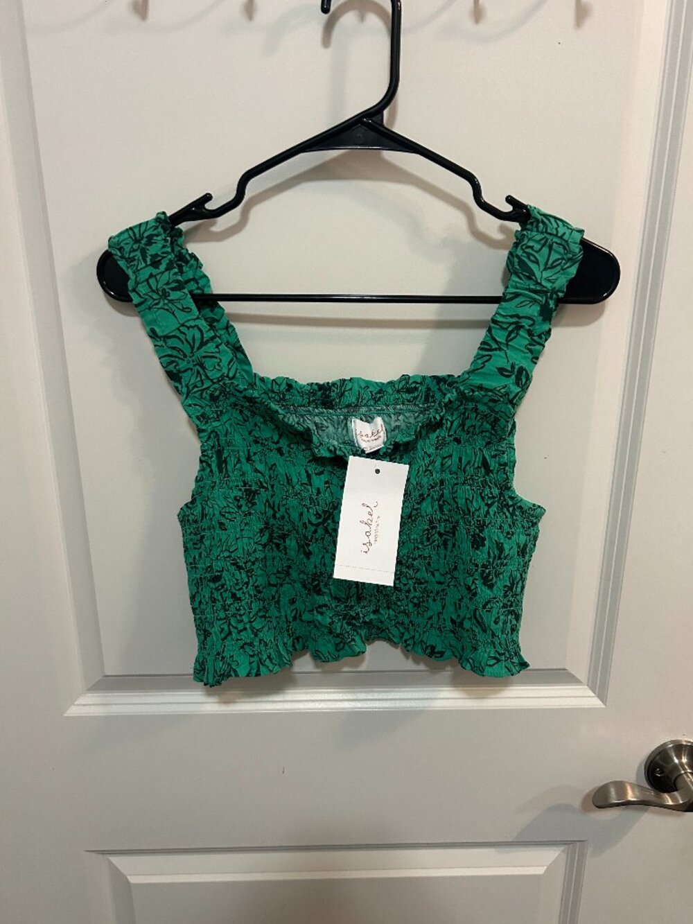 Isabel Green Smocked Crop Tank Top NWT L Floral Ruffle Sleeveless Cottagecore